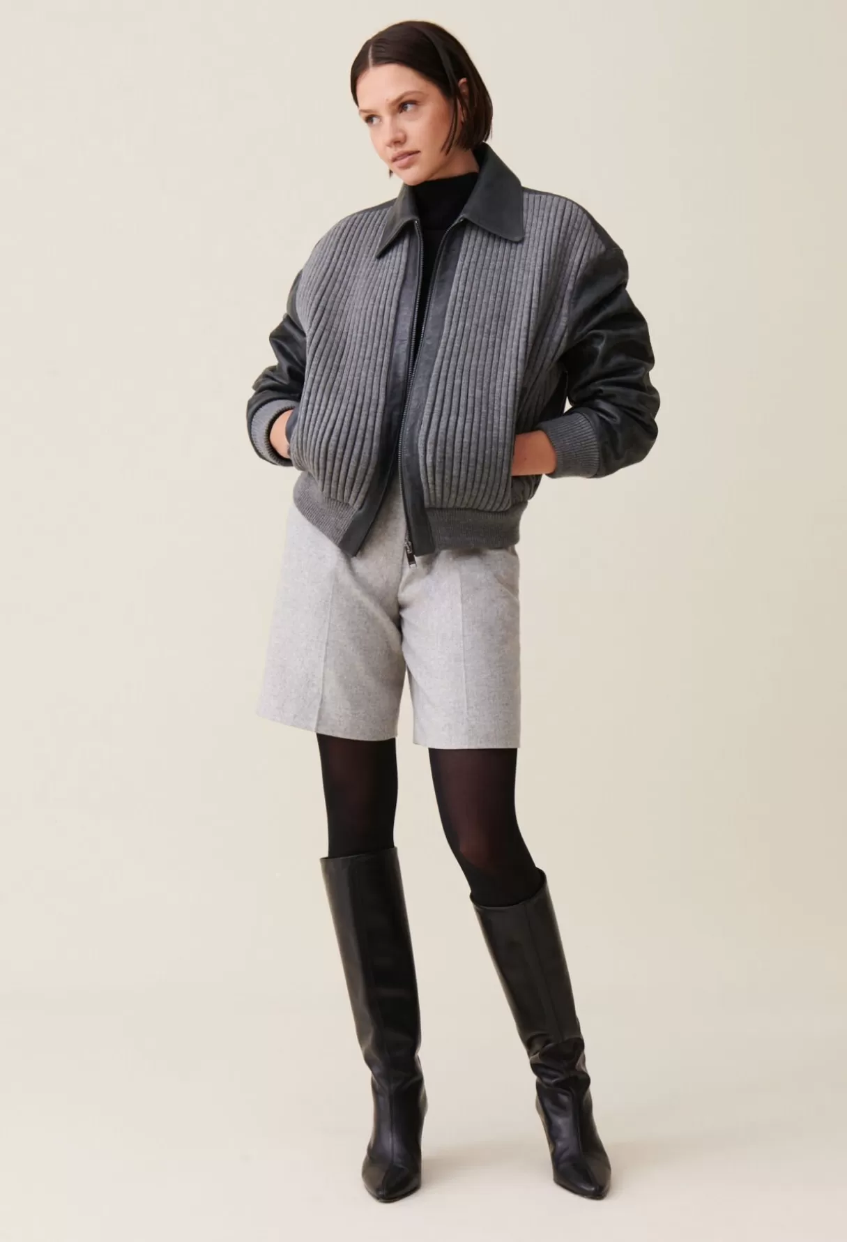 Blousons Et Vestes-Claudie Pierlot Bomber cuir bi matière gris Grisfonce