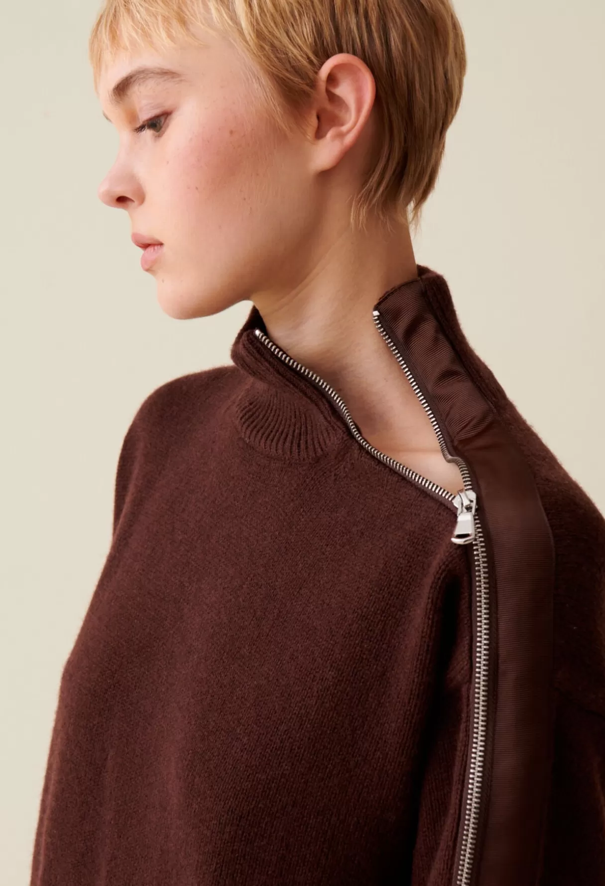 Pulls Et Cardigans-Claudie Pierlot Pull col montant zippé marron Chocolat