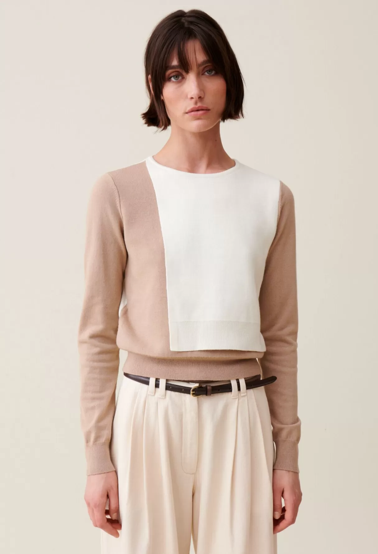 Pulls Et Cardigans-Claudie Pierlot Pull court rabat ton sur ton Beige