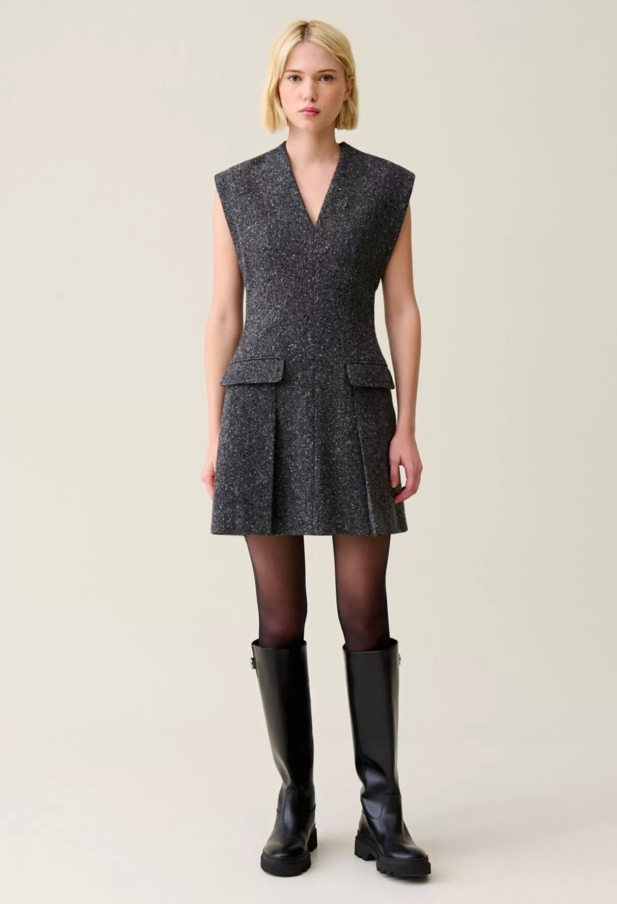 Robes-Claudie Pierlot Robe grise cintrée tailleur tweed Grischine