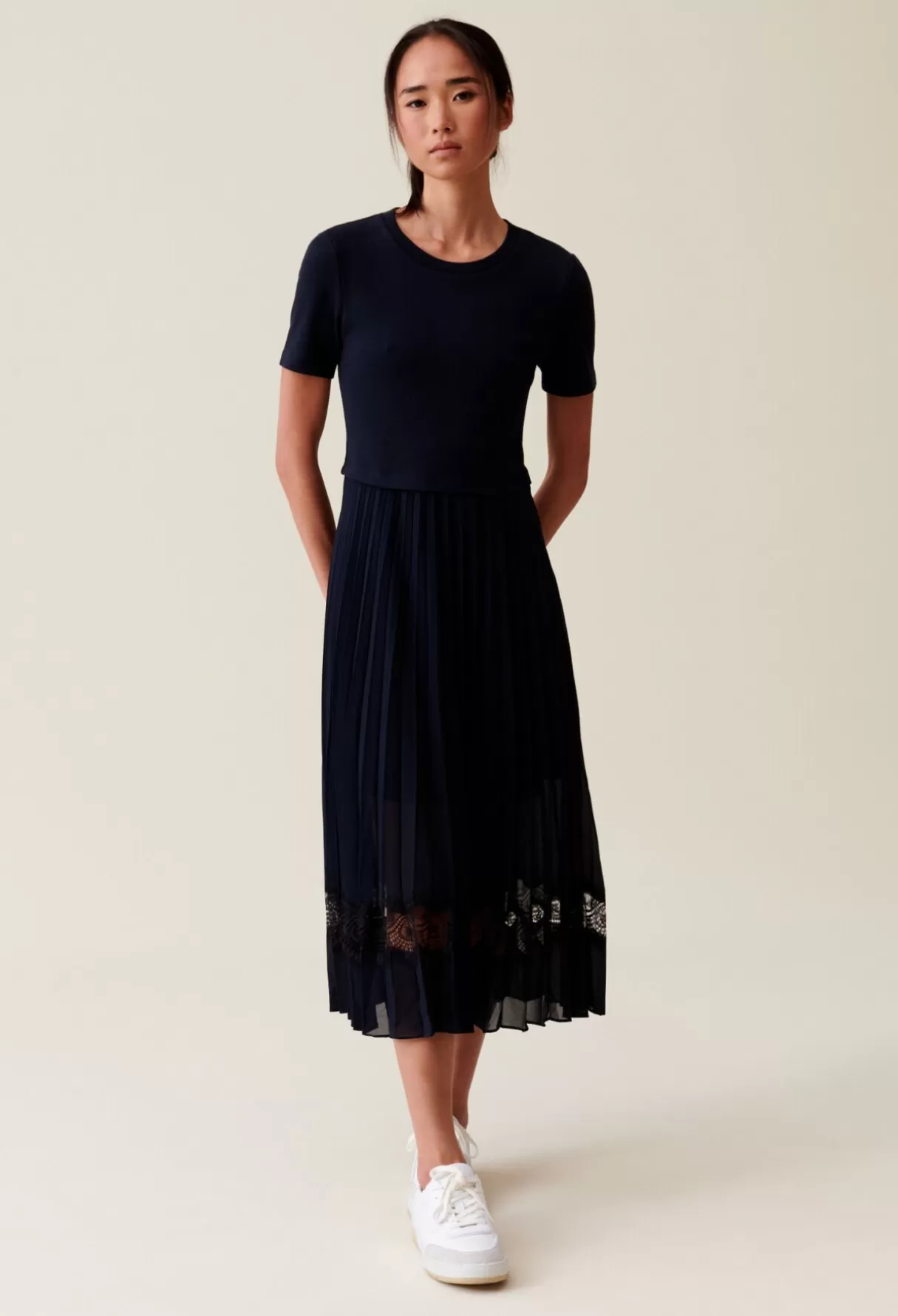 Robes-Claudie Pierlot Robe midi bi-matière noire et marine Bicolore