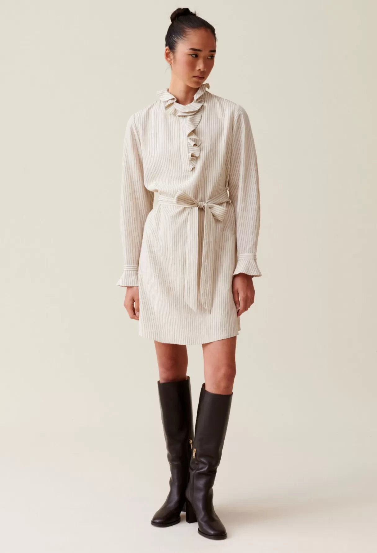 Robes-Claudie Pierlot Robe rayée col volanté Beige