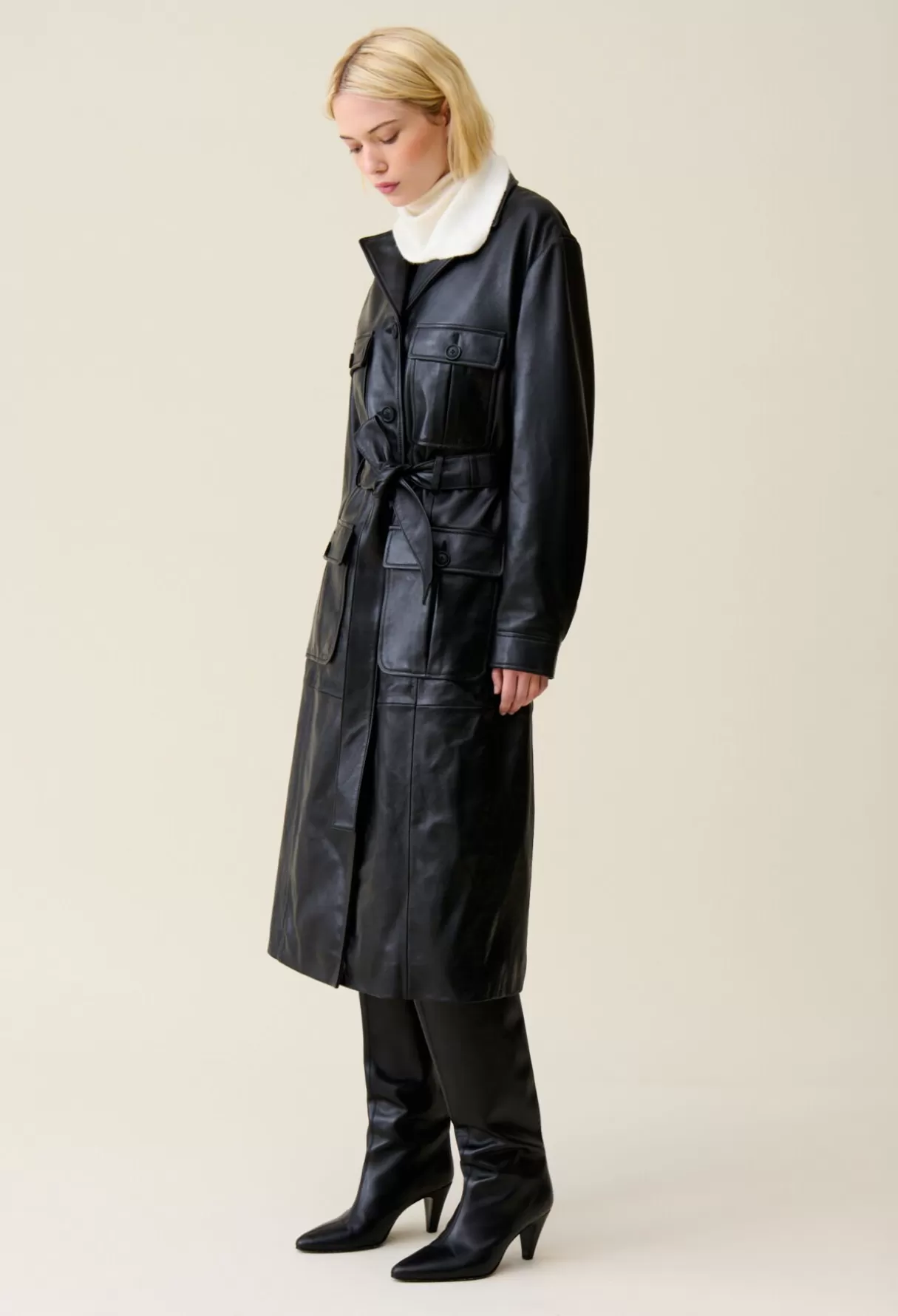 Manteaux-Claudie Pierlot Trench-coat cuir col tailleur Noir