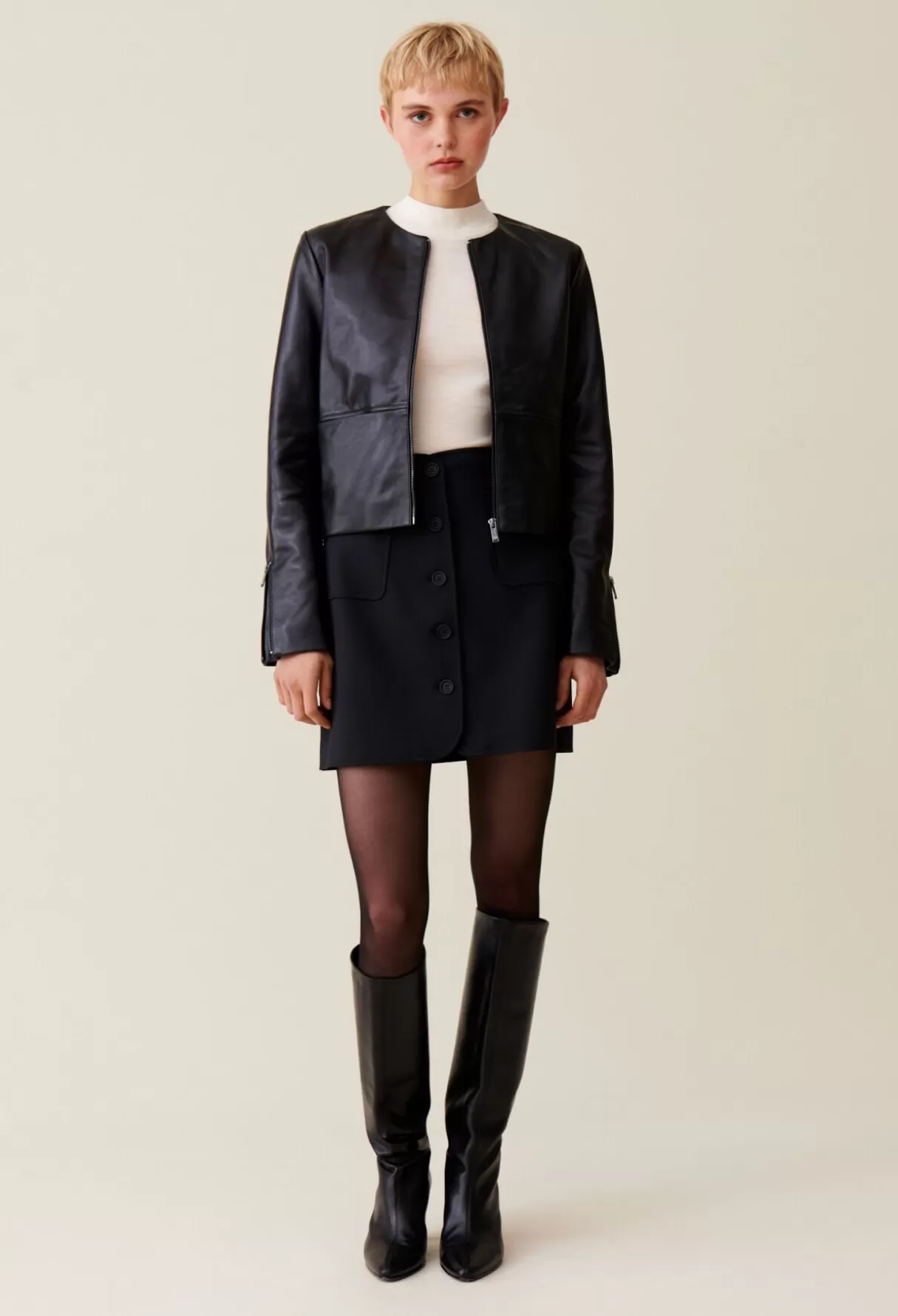 Blousons Et Vestes-Claudie Pierlot Veste cuir courte col rond Noir