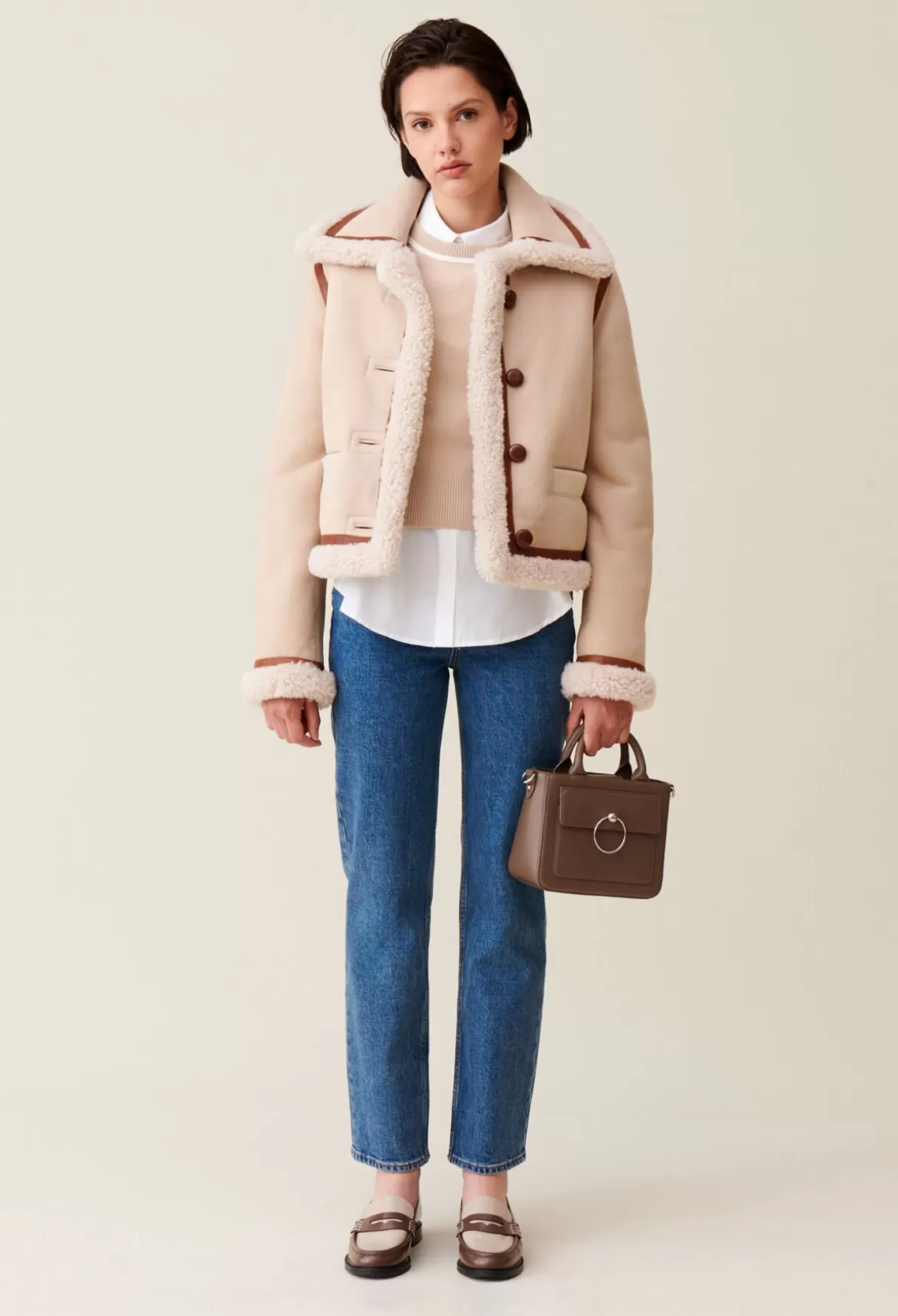 Manteaux-Claudie Pierlot Veste peau lainée beige Nougat