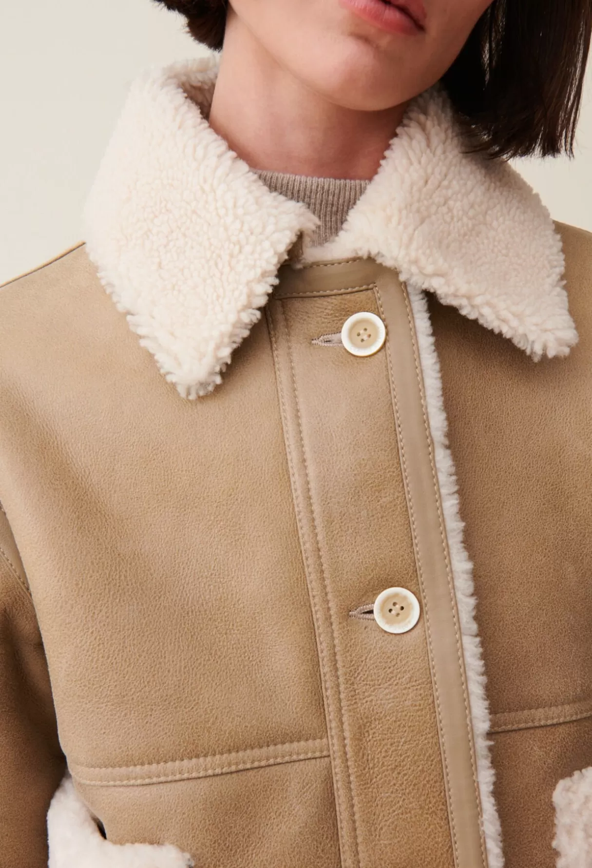 Manteaux-Claudie Pierlot Veste peau lainée courte Beige