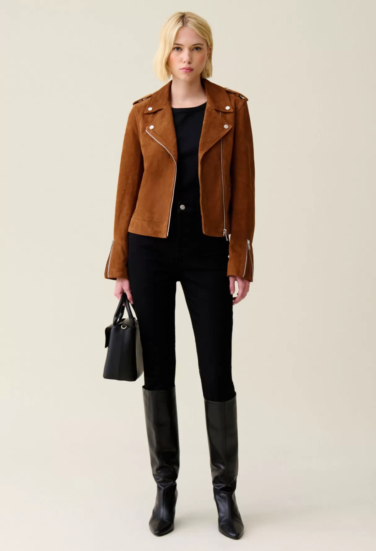 Blousons Et Vestes-Claudie Pierlot Veste perfecto cuir suède Camel