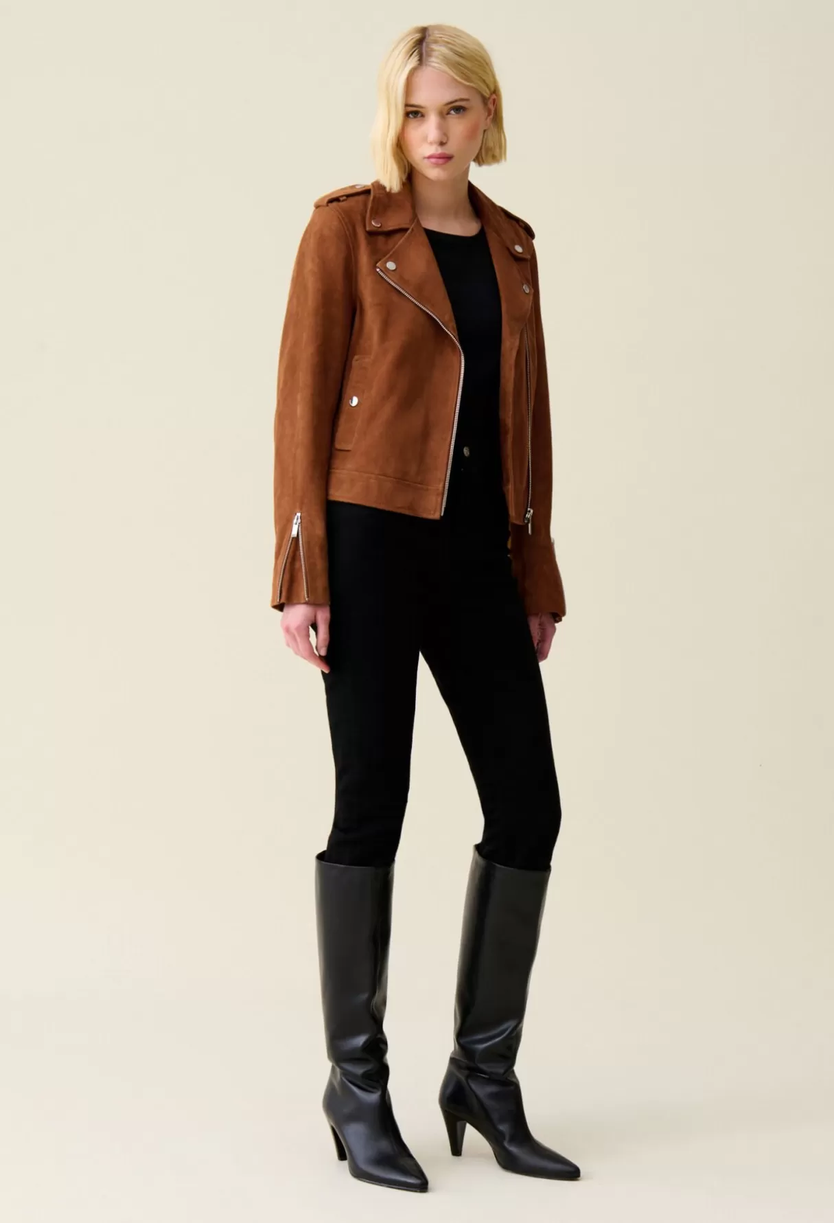 Blousons Et Vestes-Claudie Pierlot Veste perfecto cuir suède Camel